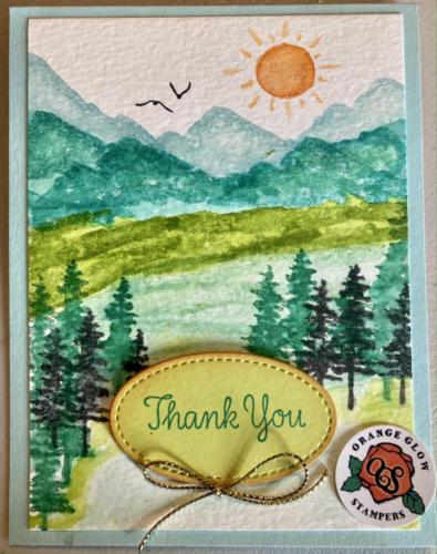 Thank you-watercolor paper, blues, greens and orange, die cut oval